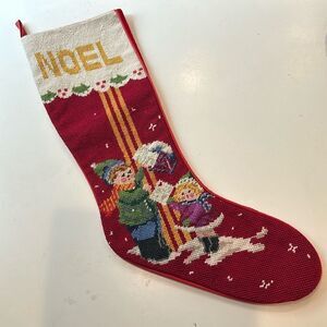 Vintage needlepoint Christmas stocking with kids mailing letters